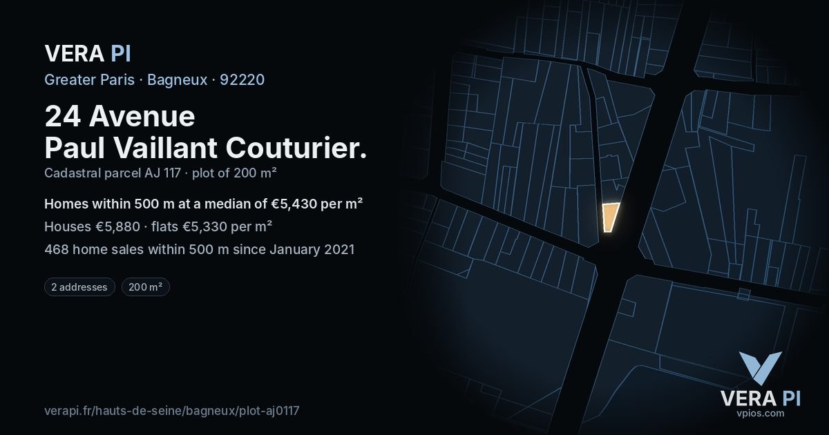 24 Avenue Paul Vaillant Couturier, Bagneux at night – the plot lit, the parcels around coloured by the prices near them
