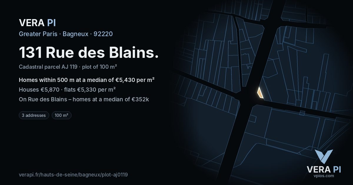 131 Rue des Blains, Bagneux at night – the plot lit, the parcels around coloured by the prices near them