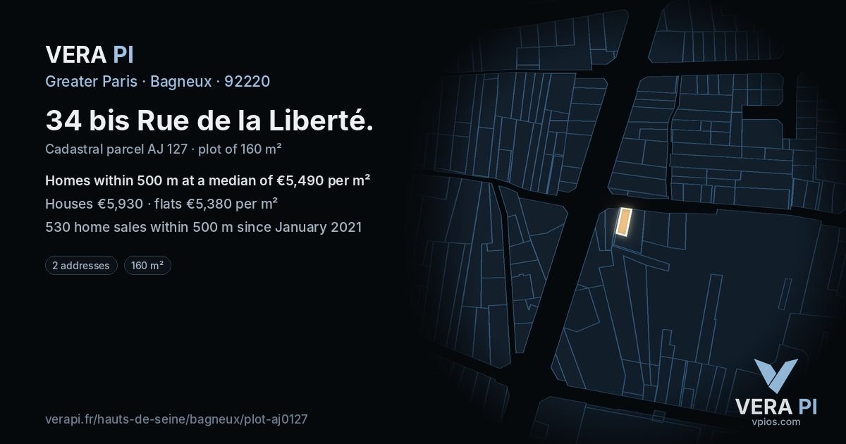 34 bis Rue de la Liberté, Bagneux at night – the plot lit, the parcels around coloured by the prices near them