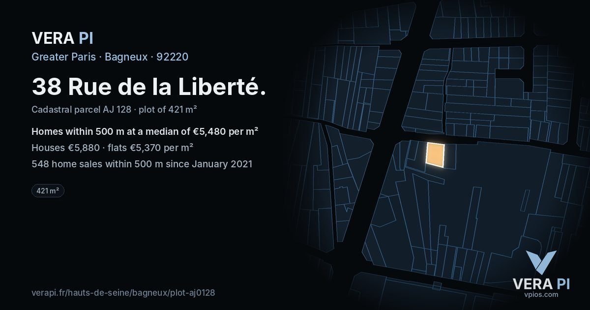 38 Rue de la Liberté, Bagneux at night – the plot lit, the parcels around coloured by the prices near them