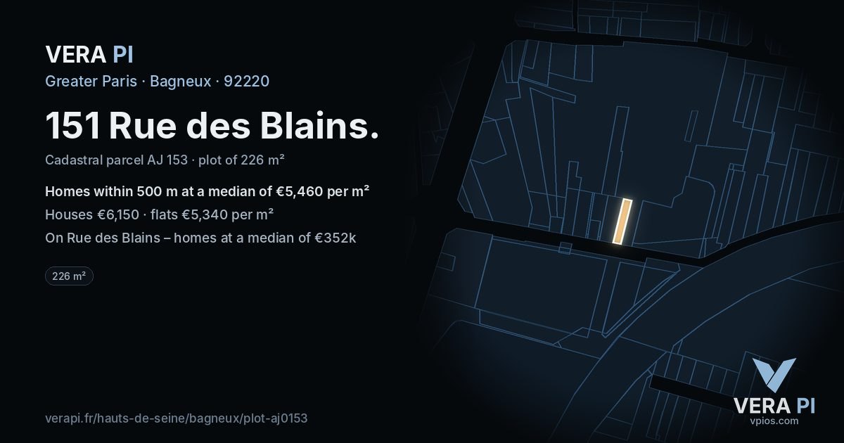 151 Rue des Blains, Bagneux at night – the plot lit, the parcels around coloured by the prices near them