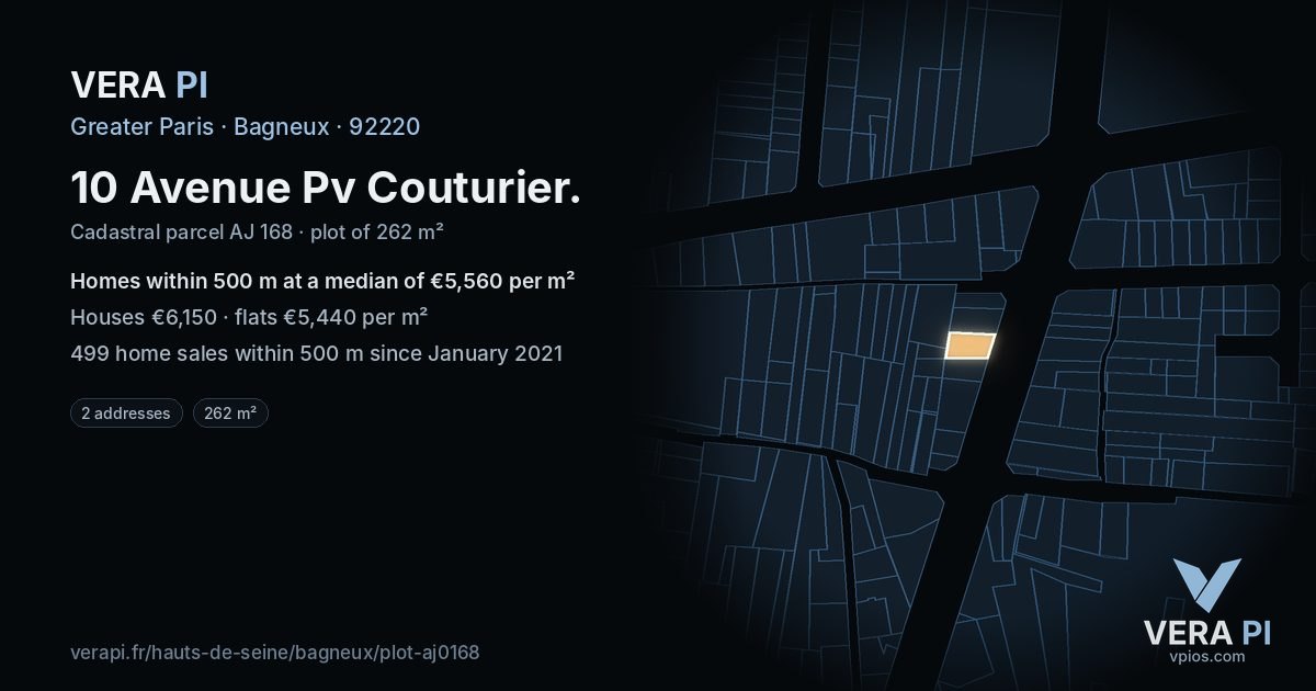 10 Avenue Pv Couturier, Bagneux at night – the plot lit, the parcels around coloured by the prices near them