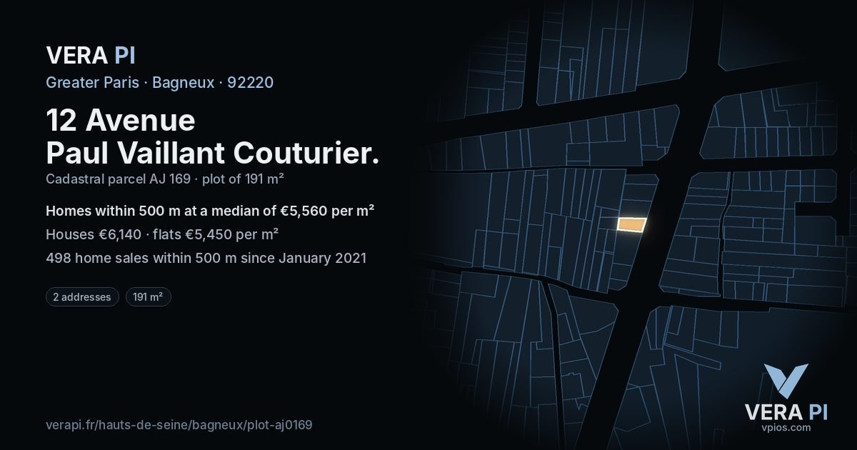 12 Avenue Paul Vaillant Couturier, Bagneux at night – the plot lit, the parcels around coloured by the prices near them
