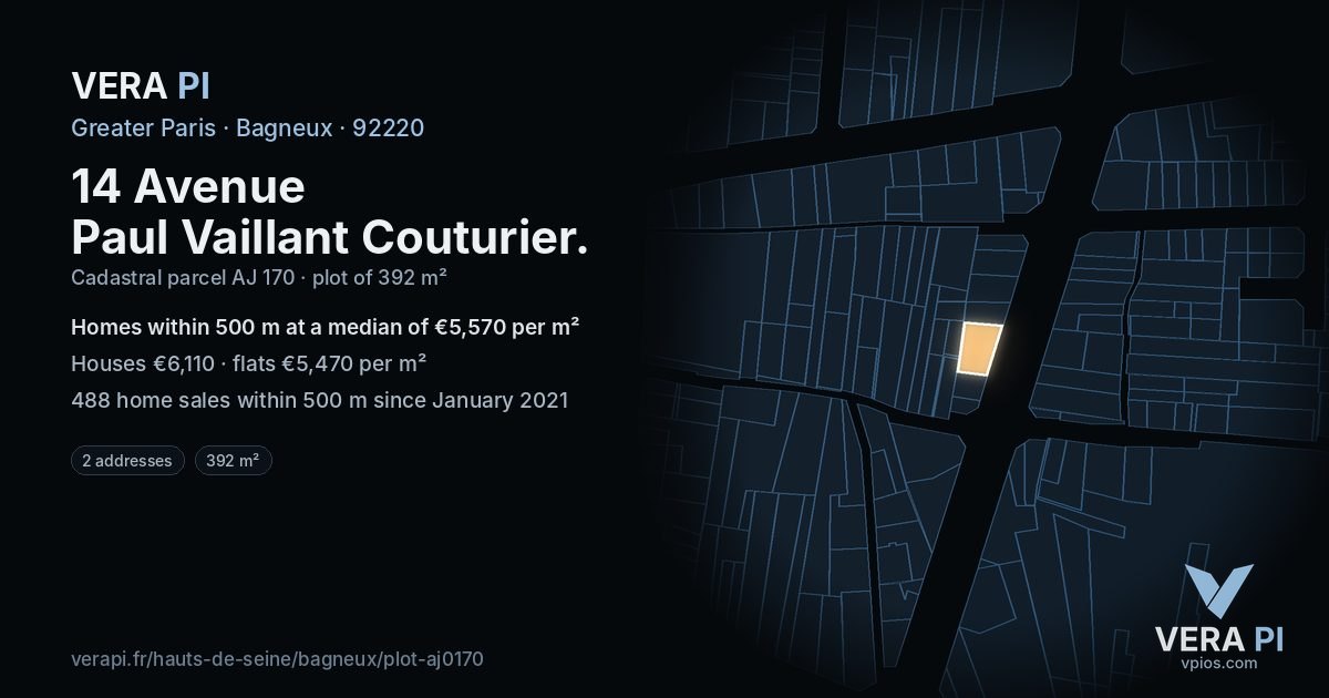 14 Avenue Paul Vaillant Couturier, Bagneux at night – the plot lit, the parcels around coloured by the prices near them