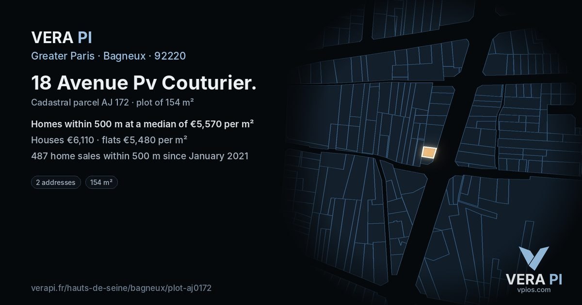 18 Avenue Pv Couturier, Bagneux at night – the plot lit, the parcels around coloured by the prices near them