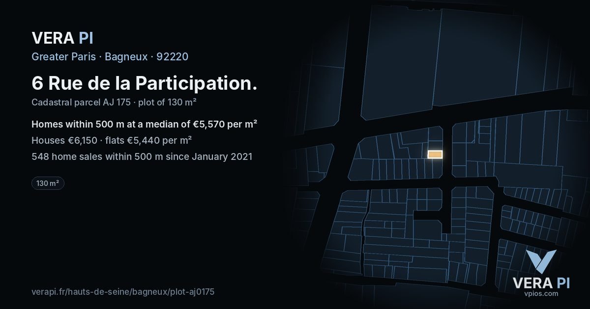 6 Rue de la Participation, Bagneux at night – the plot lit, the parcels around coloured by the prices near them