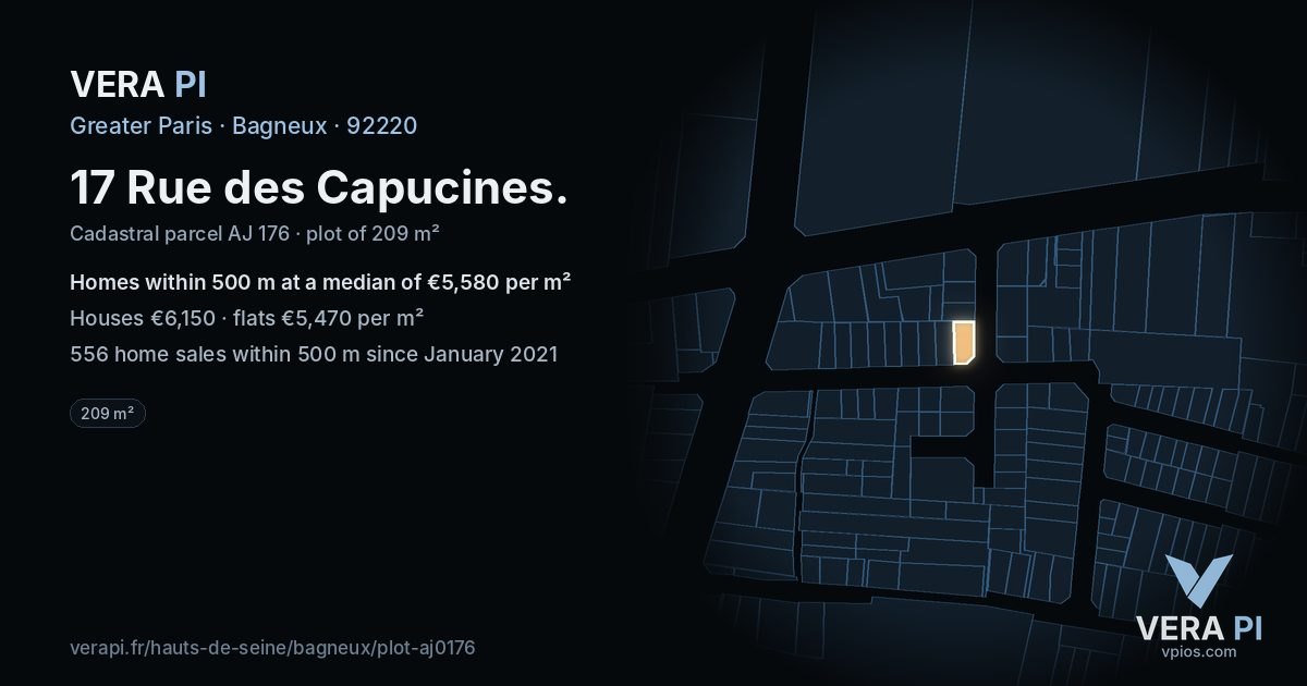 17 Rue des Capucines, Bagneux at night – the plot lit, the parcels around coloured by the prices near them