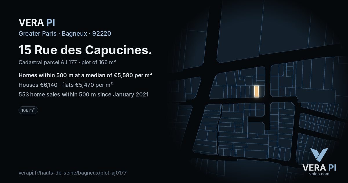 15 Rue des Capucines, Bagneux at night – the plot lit, the parcels around coloured by the prices near them