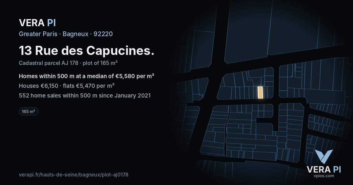 13 Rue des Capucines, Bagneux at night – the plot lit, the parcels around coloured by the prices near them