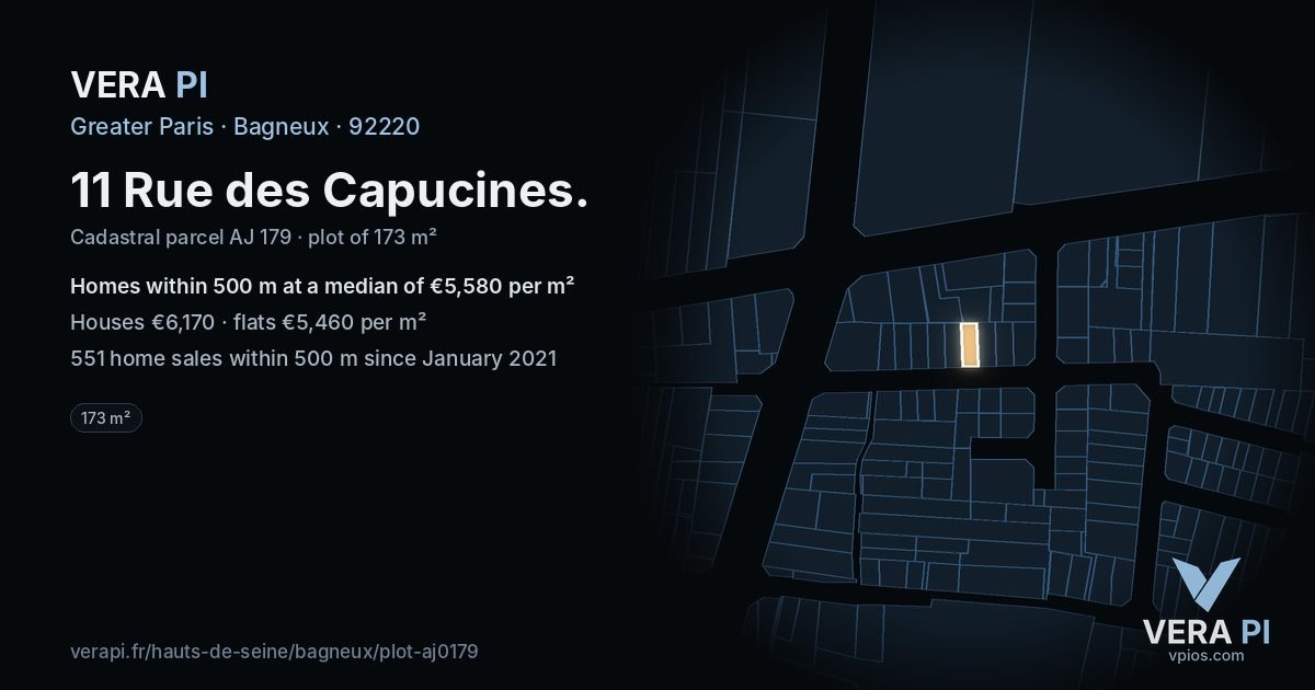 11 Rue des Capucines, Bagneux at night – the plot lit, the parcels around coloured by the prices near them