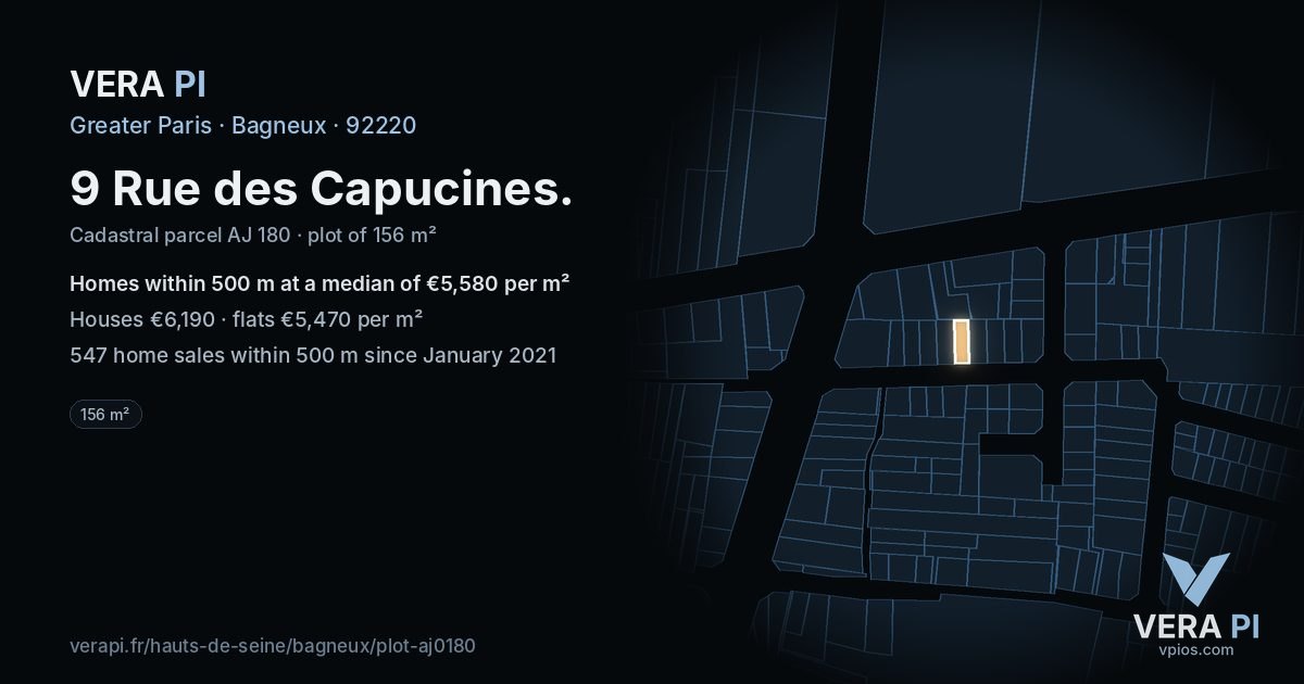 9 Rue des Capucines, Bagneux at night – the plot lit, the parcels around coloured by the prices near them