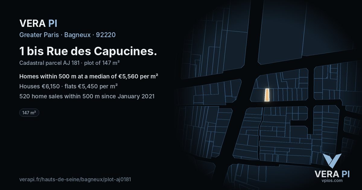 1 bis Rue des Capucines, Bagneux at night – the plot lit, the parcels around coloured by the prices near them
