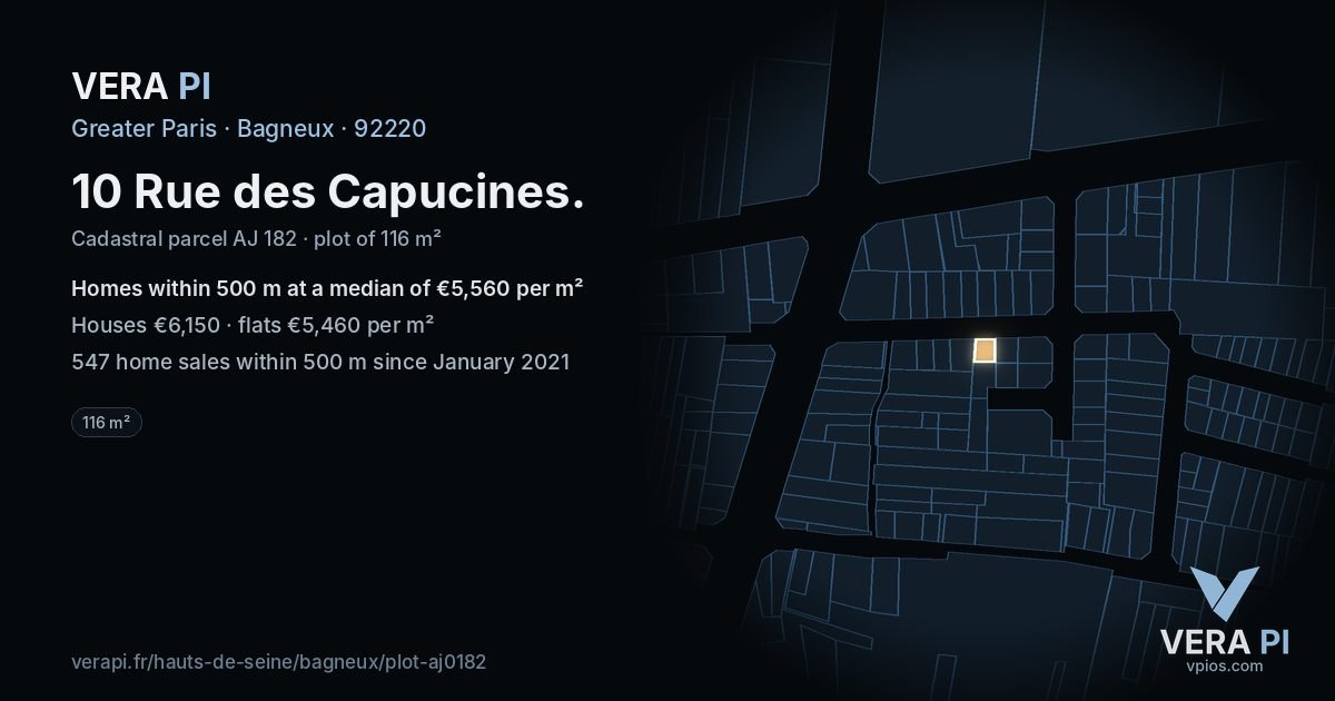 10 Rue des Capucines, Bagneux at night – the plot lit, the parcels around coloured by the prices near them