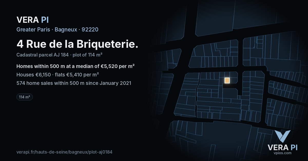 4 Rue de la Briqueterie, Bagneux at night – the plot lit, the parcels around coloured by the prices near them