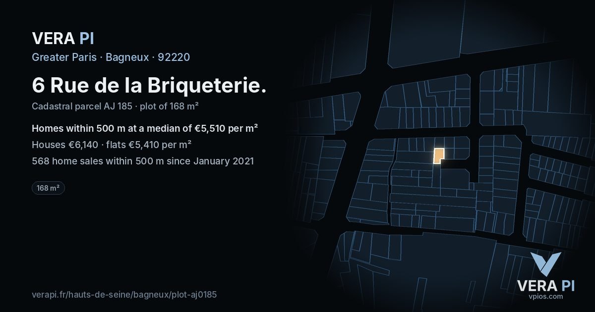 6 Rue de la Briqueterie, Bagneux at night – the plot lit, the parcels around coloured by the prices near them