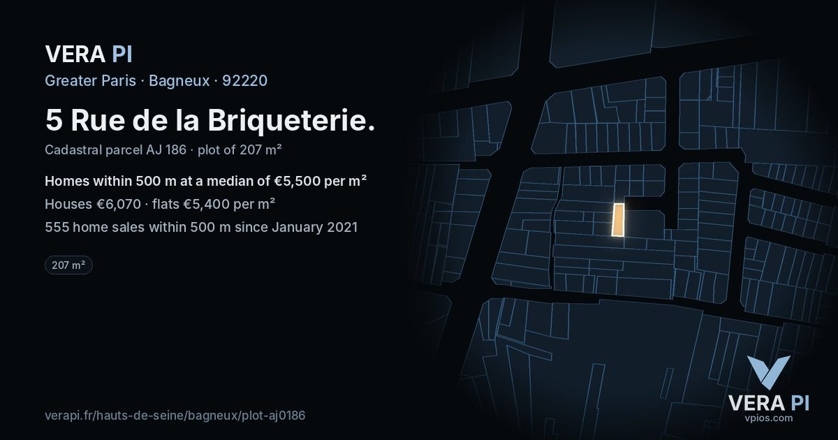 5 Rue de la Briqueterie, Bagneux at night – the plot lit, the parcels around coloured by the prices near them