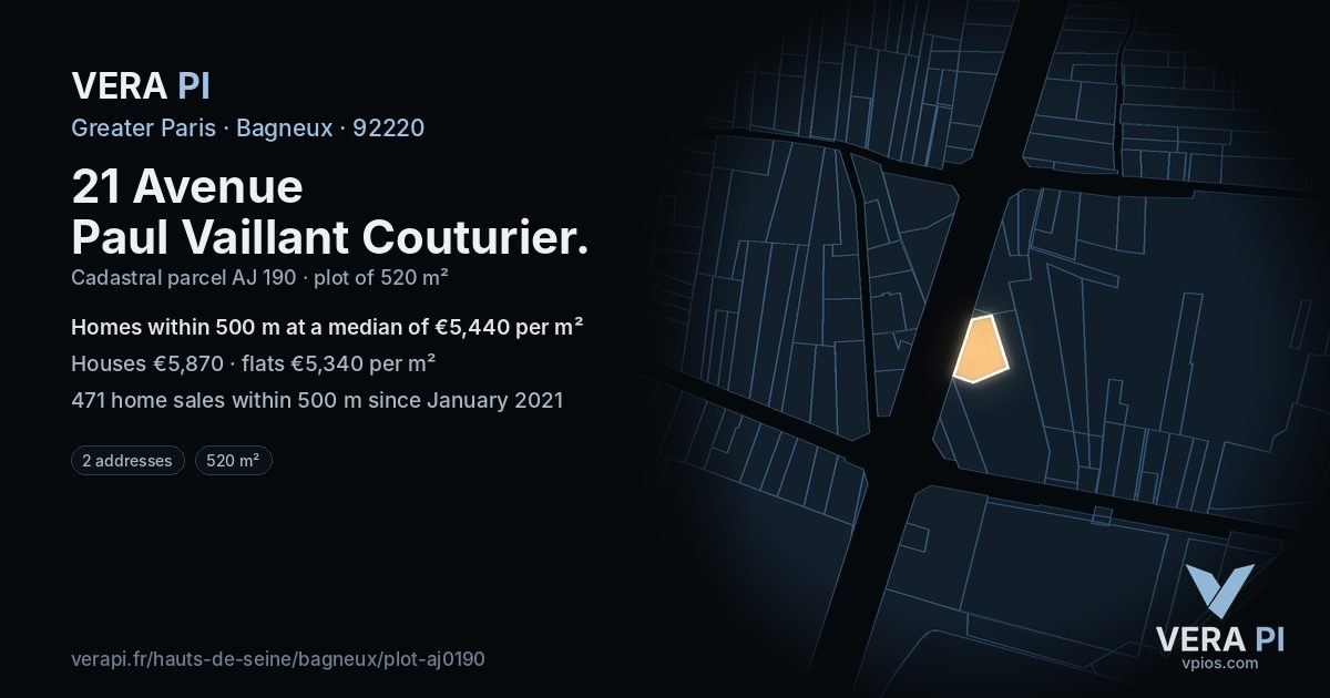 21 Avenue Paul Vaillant Couturier, Bagneux at night – the plot lit, the parcels around coloured by the prices near them