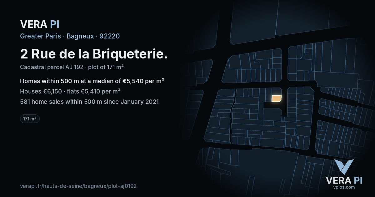 2 Rue de la Briqueterie, Bagneux at night – the plot lit, the parcels around coloured by the prices near them