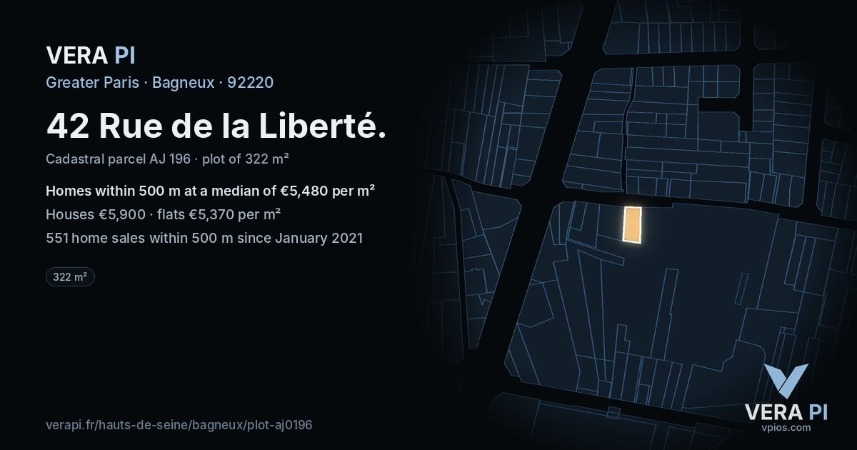 42 Rue de la Liberté, Bagneux at night – the plot lit, the parcels around coloured by the prices near them