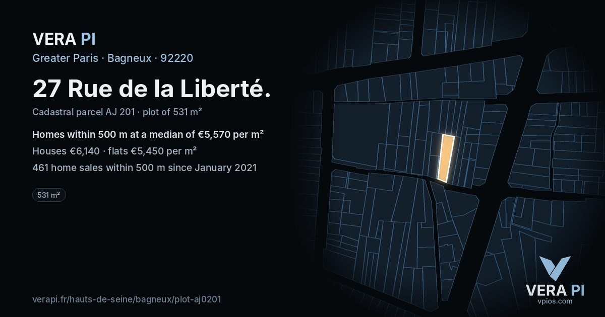 27 Rue de la Liberté, Bagneux at night – the plot lit, the parcels around coloured by the prices near them