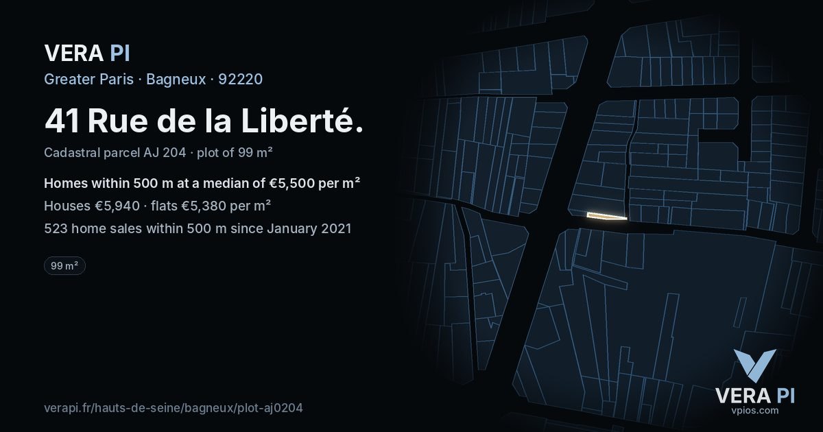 41 Rue de la Liberté, Bagneux at night – the plot lit, the parcels around coloured by the prices near them