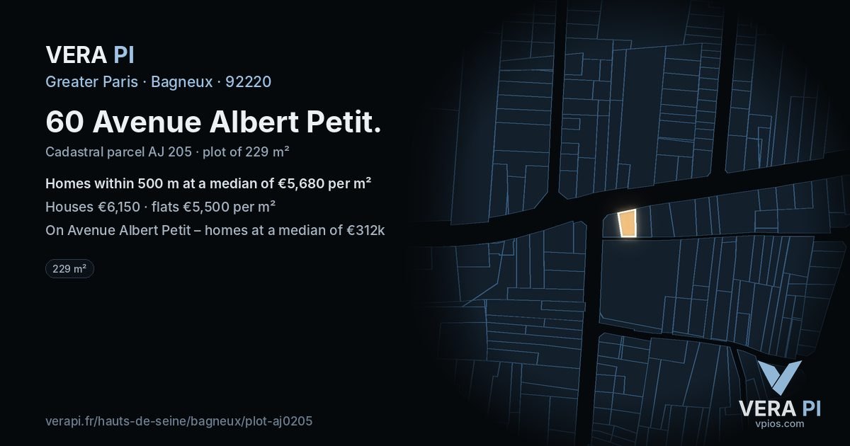 60 Avenue Albert Petit, Bagneux at night – the plot lit, the parcels around coloured by the prices near them