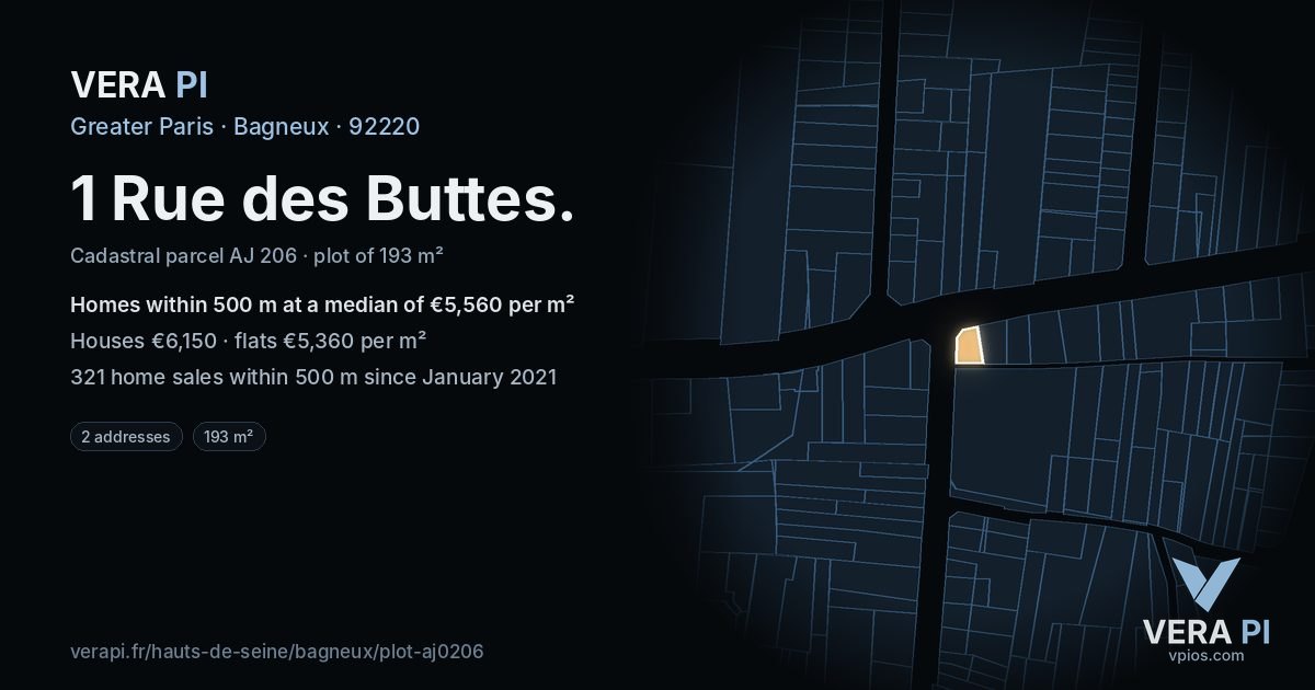 1 Rue des Buttes, Bagneux at night – the plot lit, the parcels around coloured by the prices near them