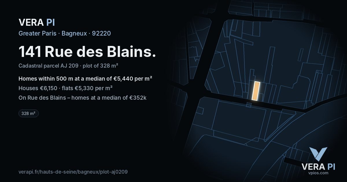 141 Rue des Blains, Bagneux at night – the plot lit, the parcels around coloured by the prices near them