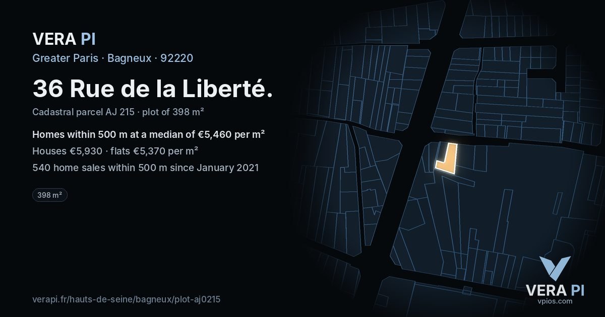 36 Rue de la Liberté, Bagneux at night – the plot lit, the parcels around coloured by the prices near them