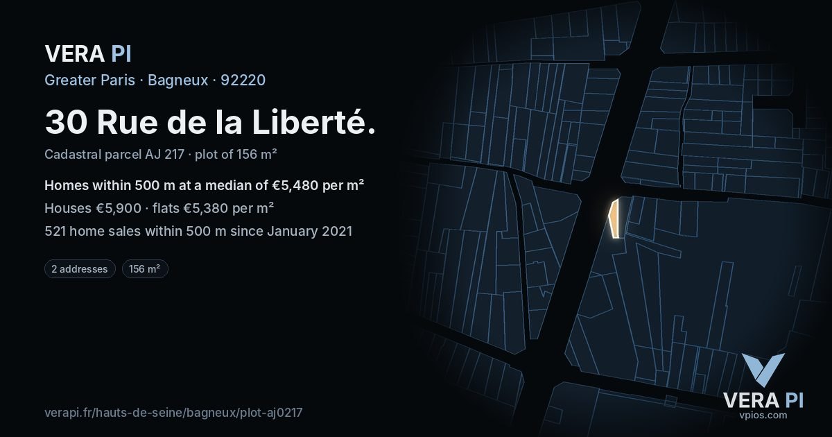 30 Rue de la Liberté, Bagneux at night – the plot lit, the parcels around coloured by the prices near them