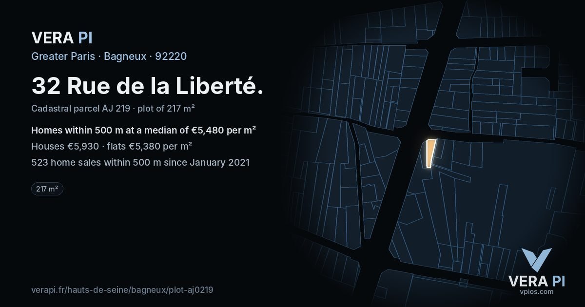 32 Rue de la Liberté, Bagneux at night – the plot lit, the parcels around coloured by the prices near them