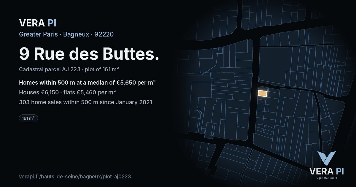 9 Rue des Buttes, Bagneux at night – the plot lit, the parcels around coloured by the prices near them