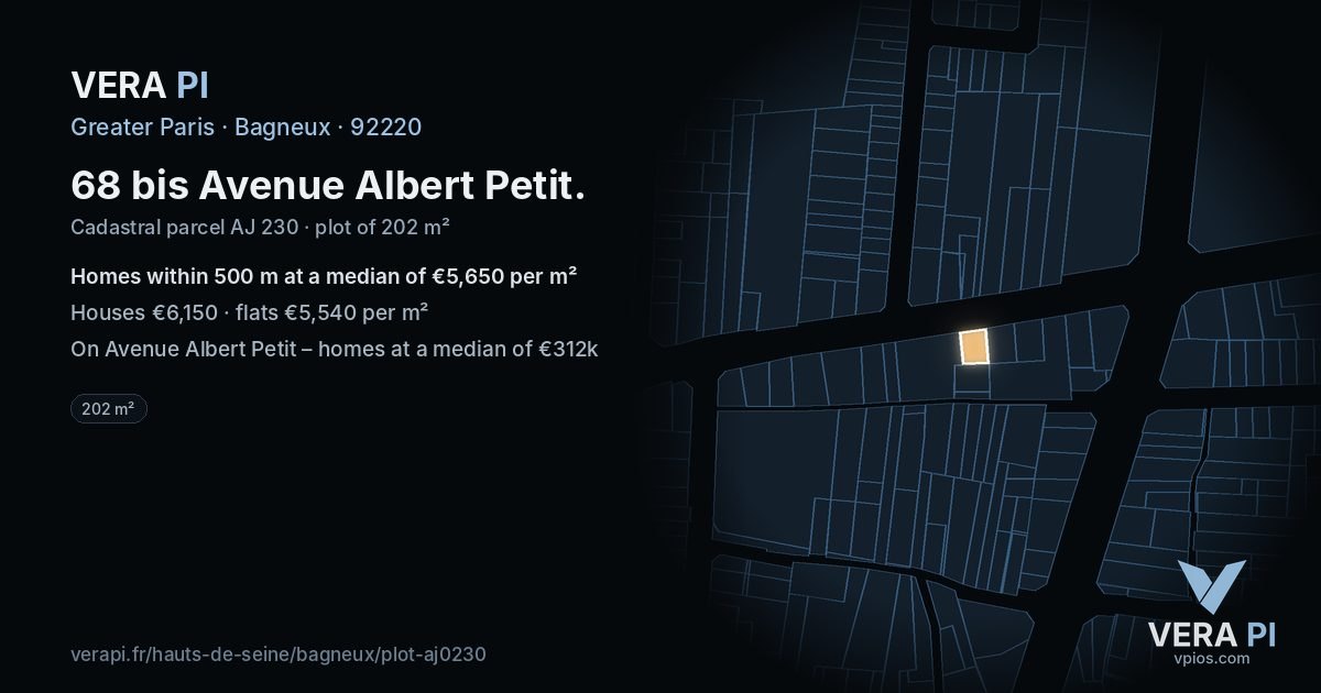 68 bis Avenue Albert Petit, Bagneux at night – the plot lit, the parcels around coloured by the prices near them