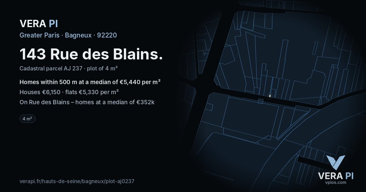 143 Rue des Blains, Bagneux at night – the plot lit, the parcels around coloured by the prices near them
