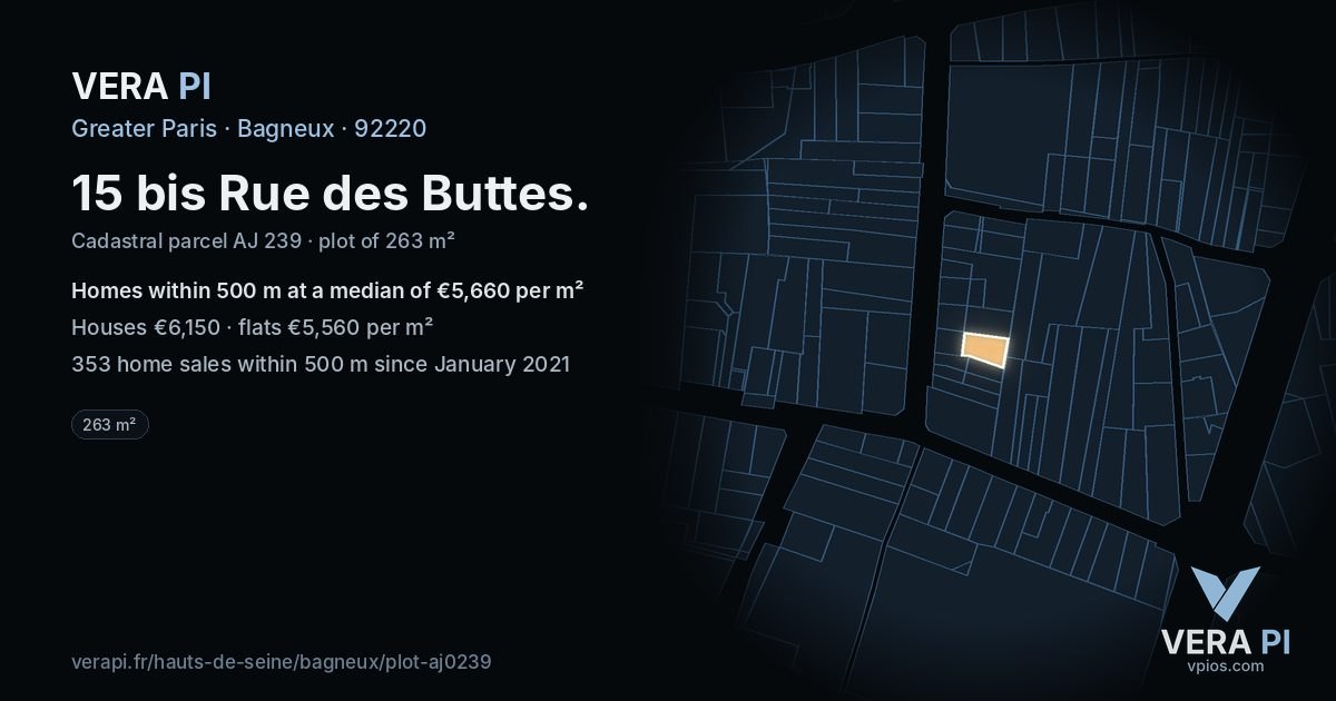 15 bis Rue des Buttes, Bagneux at night – the plot lit, the parcels around coloured by the prices near them