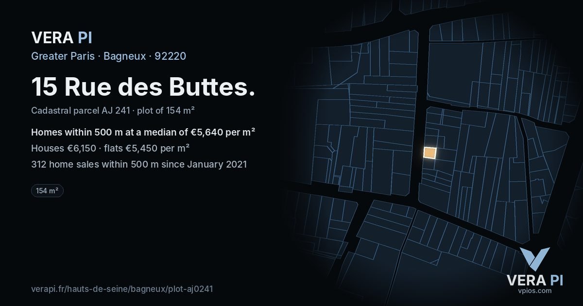 15 Rue des Buttes, Bagneux at night – the plot lit, the parcels around coloured by the prices near them