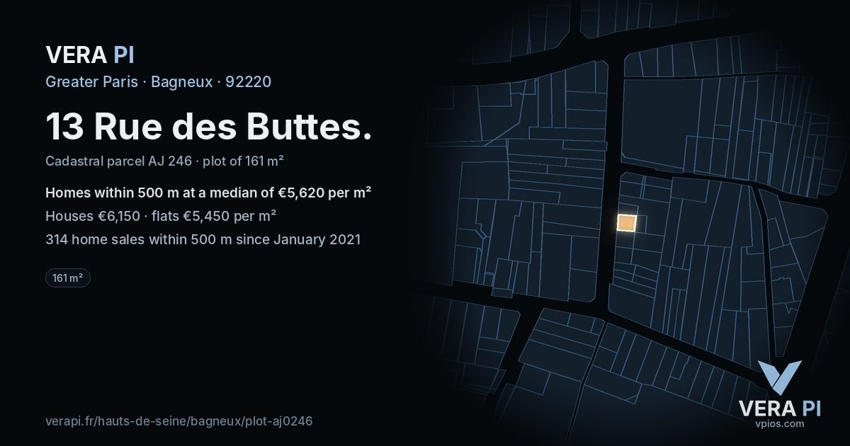 13 Rue des Buttes, Bagneux at night – the plot lit, the parcels around coloured by the prices near them