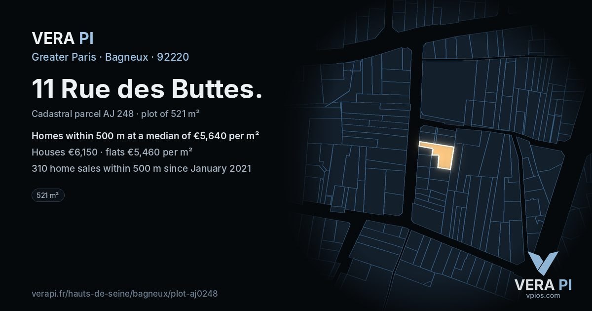 11 Rue des Buttes, Bagneux at night – the plot lit, the parcels around coloured by the prices near them