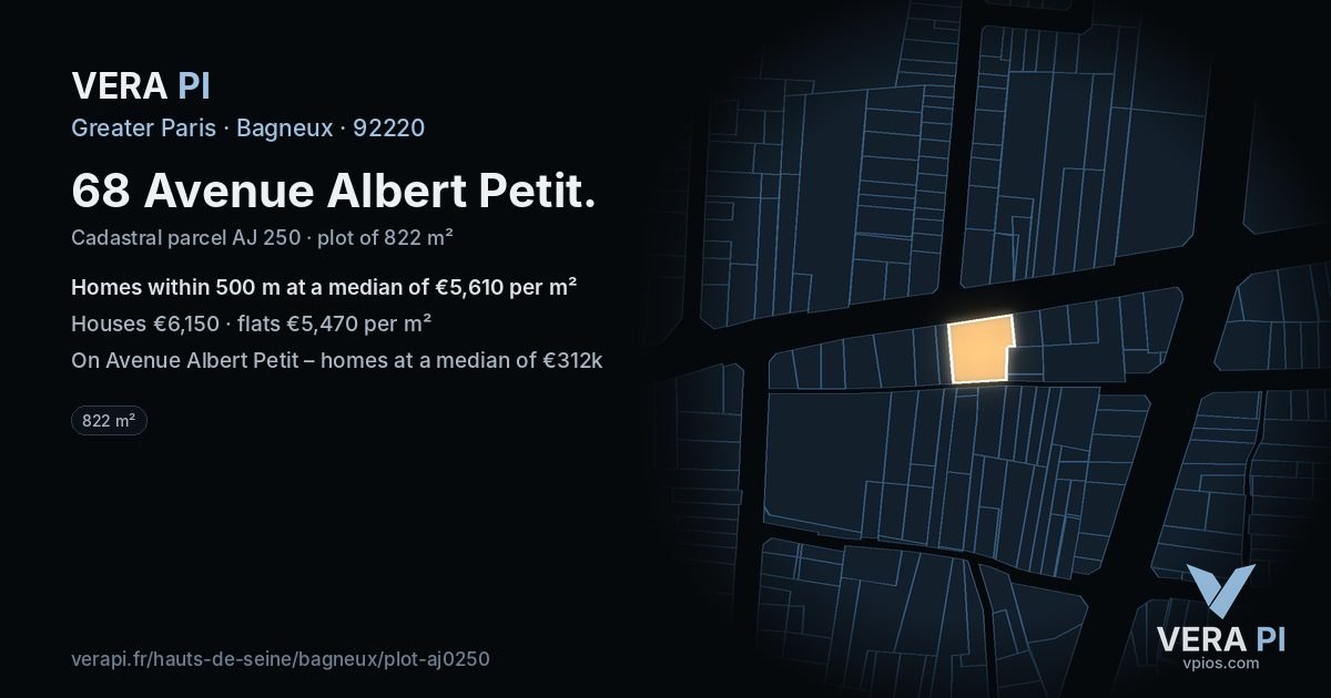 68 Avenue Albert Petit, Bagneux at night – the plot lit, the parcels around coloured by the prices near them