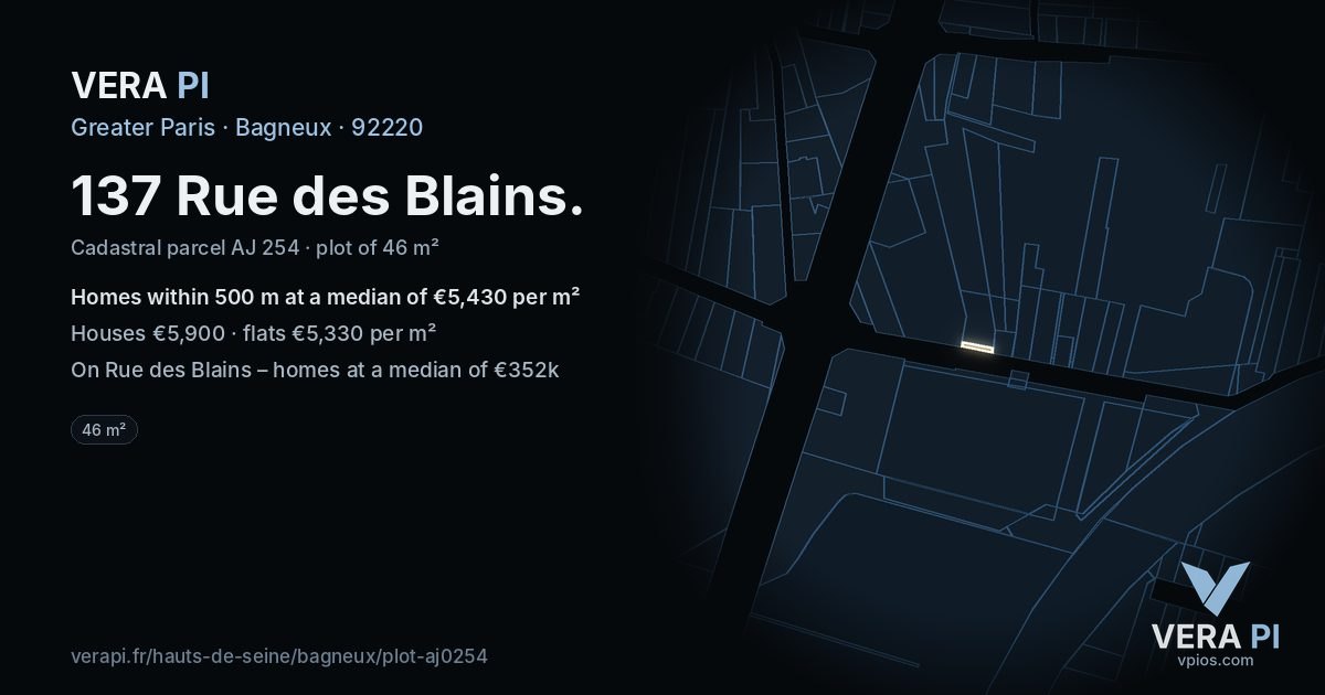 137 Rue des Blains, Bagneux at night – the plot lit, the parcels around coloured by the prices near them