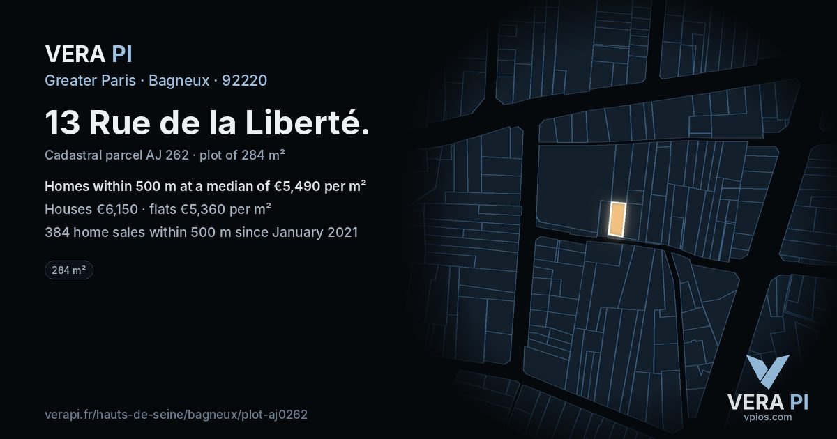 13 Rue de la Liberté, Bagneux at night – the plot lit, the parcels around coloured by the prices near them