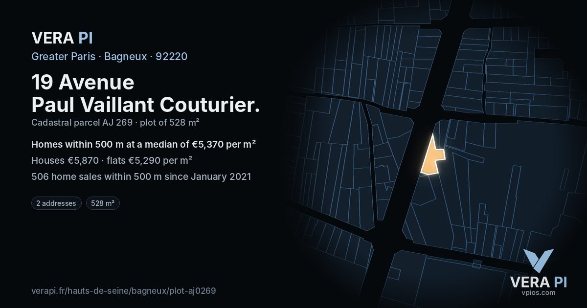 19 Avenue Paul Vaillant Couturier, Bagneux at night – the plot lit, the parcels around coloured by the prices near them