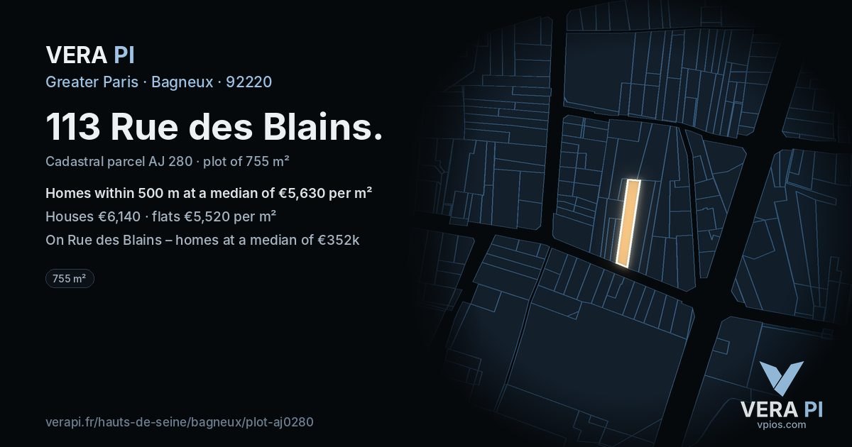 113 Rue des Blains, Bagneux at night – the plot lit, the parcels around coloured by the prices near them