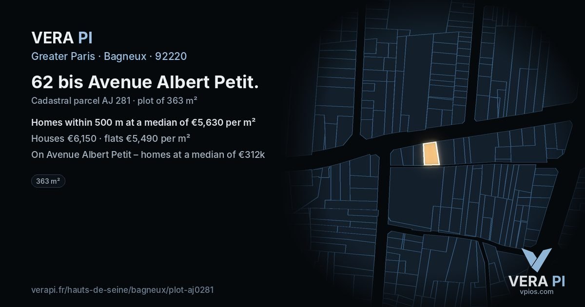 62 bis Avenue Albert Petit, Bagneux at night – the plot lit, the parcels around coloured by the prices near them