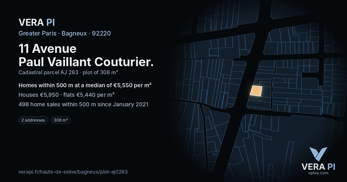 11 Avenue Paul Vaillant Couturier, Bagneux at night – the plot lit, the parcels around coloured by the prices near them