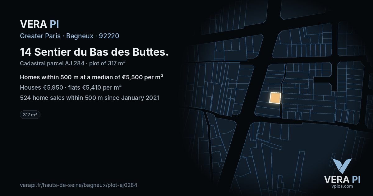 14 Sentier du Bas des Buttes, Bagneux at night – the plot lit, the parcels around coloured by the prices near them