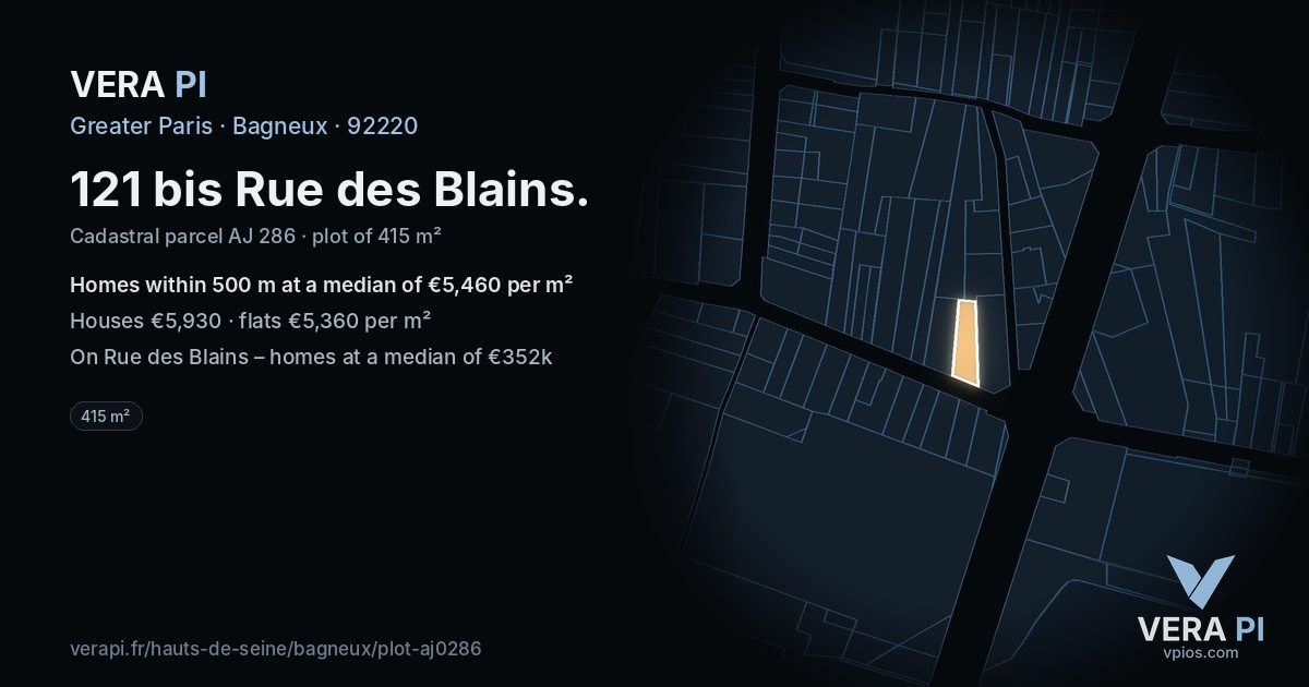 121 bis Rue des Blains, Bagneux at night – the plot lit, the parcels around coloured by the prices near them
