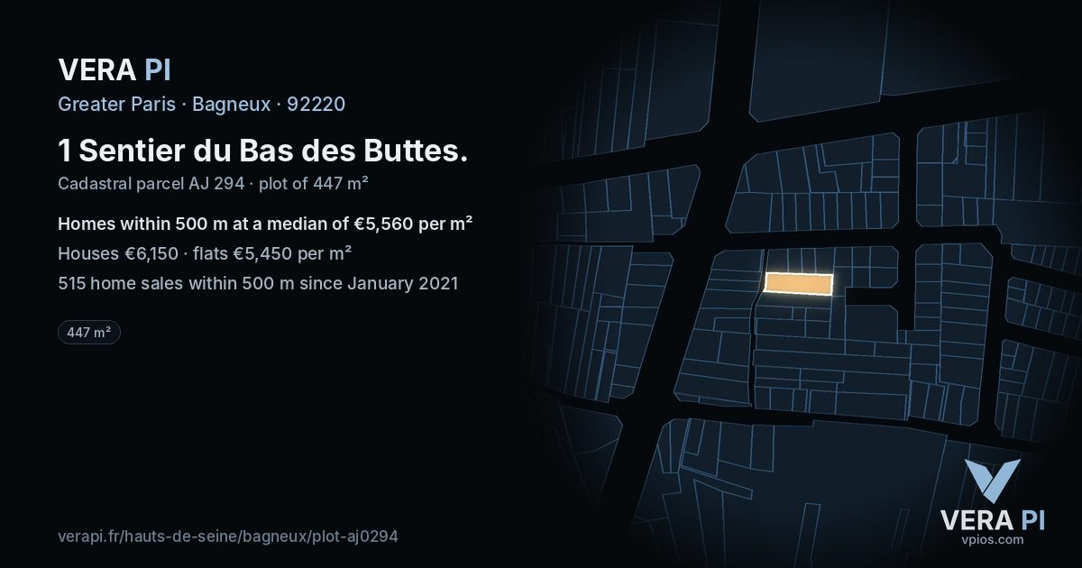 1 Sentier du Bas des Buttes, Bagneux at night – the plot lit, the parcels around coloured by the prices near them