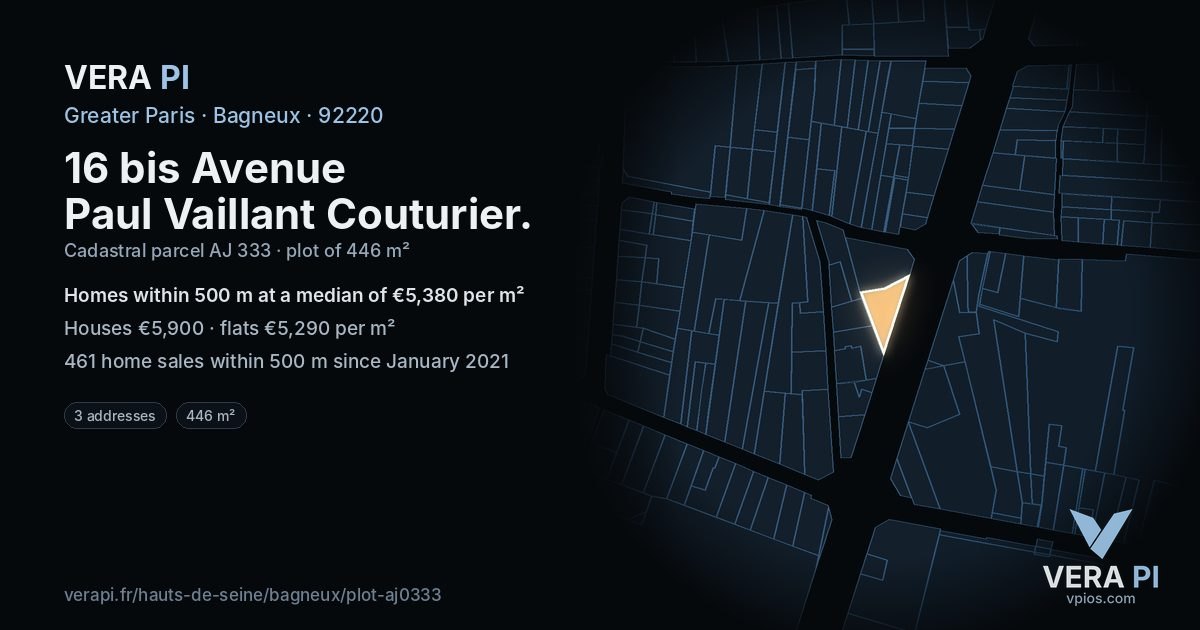 16 bis Avenue Paul Vaillant Couturier, Bagneux at night – the plot lit, the parcels around coloured by the prices near them