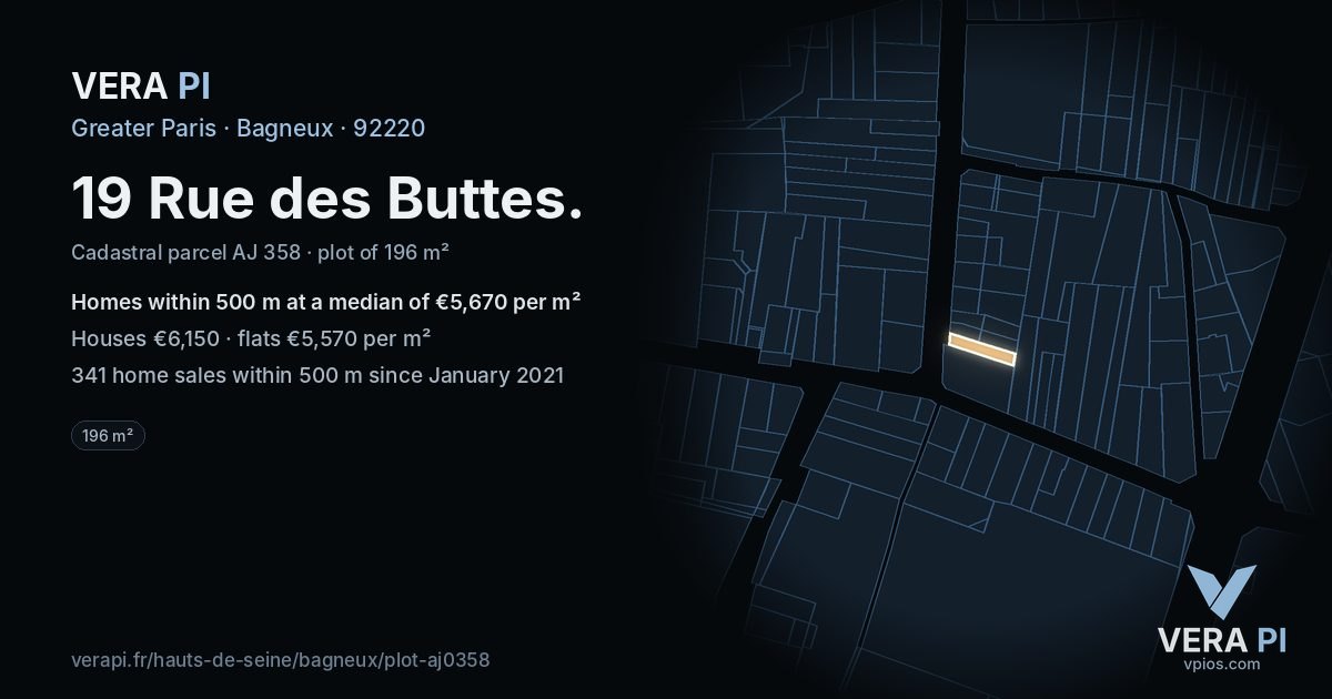 19 Rue des Buttes, Bagneux at night – the plot lit, the parcels around coloured by the prices near them